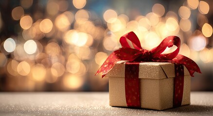 Festive gift box on a surface with bokeh lights