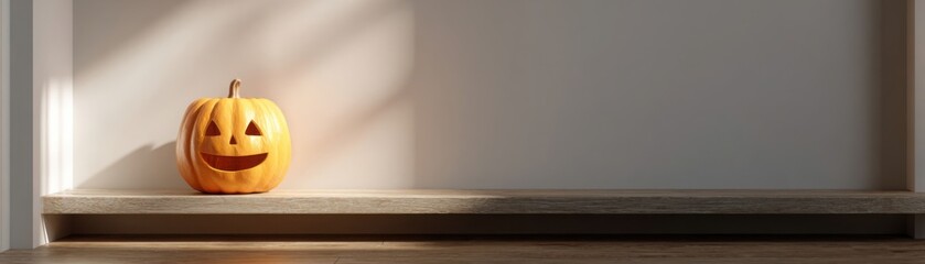 Minimalist Halloween Header: A Simple Jack-o'-Lantern with a Soft Glow, placed on a Clean, Modern Shelf in a Well-Lit Living Room, Clean Aesthetics.