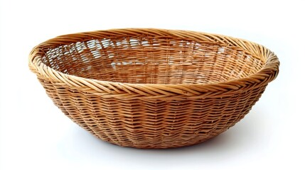 A round, woven wicker basket with a handle, placed on a white surface with a white background.