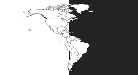 Obraz premium Map of the Americas divided by a stark black and white contrast, symbolizing day and night.