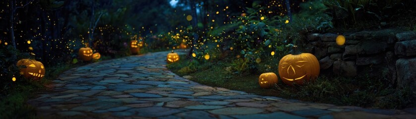 Magical Halloween Jack-o'-Lanterns Floating down a Long, Winding, Cobblestone Path in an Enchanted Garden, with Glowing Fireflies and Mystical Light.