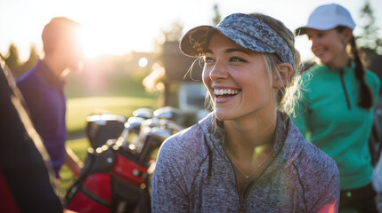A cheerful woman smiles during a golf outing with friends on a sunny day.