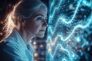 A female scientist examines complex data visualized on a futuristic screen, analyzing intricate patterns and insights.