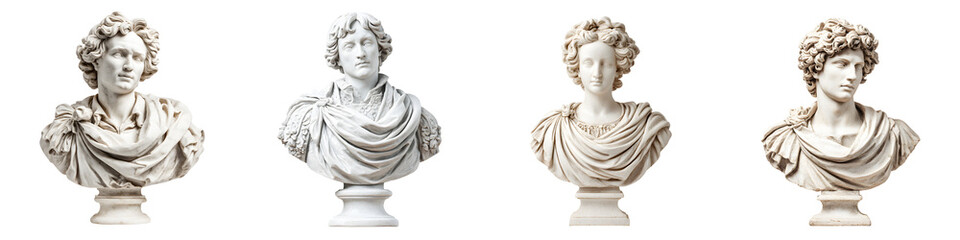 Fototapeta premium Collection of Marble Busts on Pedestals Isolated on White