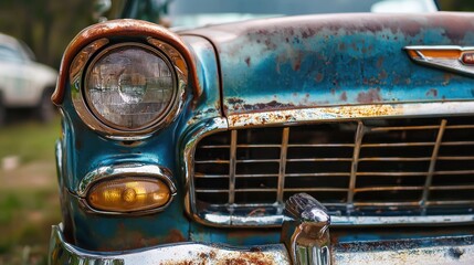 An old, rusted blue car with a white background, featuring a headlight, grill, and a vintage design.