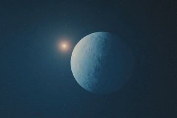 Icy planet orbits a radiant blue star in a serene cosmic landscape showcasing the beauty of space phenomena and abstract art