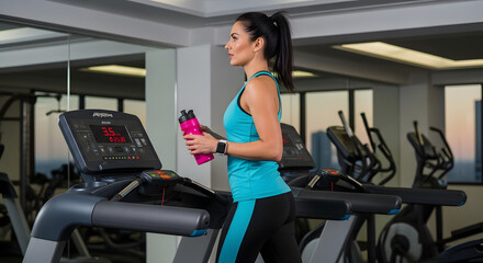 Fototapeta premium A woman in athletic wear walks on a treadmill in a gym, holding a pink water bottle.