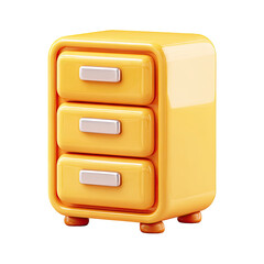 3-drawer cabinet, bright yellow, stylized.  Glossy, cartoonish.  Simple, geometric design