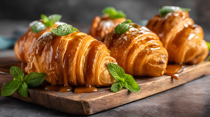 Delicious caramel croissants garnished with fresh mint on wooden board