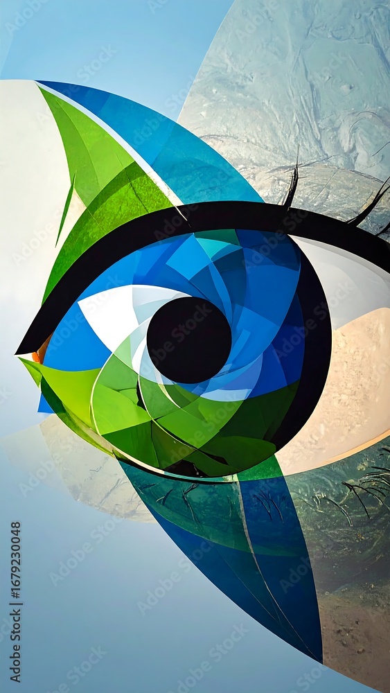 Poster a vibrant abstract design featuring a stylized eye, composed of overlapping shapes in bold colors li