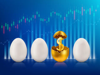 Broken golden egg with dollar currency sign. Against the background of growing financial charts and graphs.