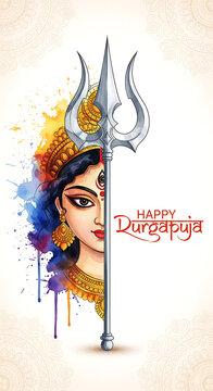 Happy Durga Puja: Goddess Durga Watercolor Splash Style Painting for Indian Festival Celebration