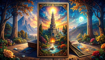 A fantasy tarot card, depicting a majestic tower in a vibrant landscape