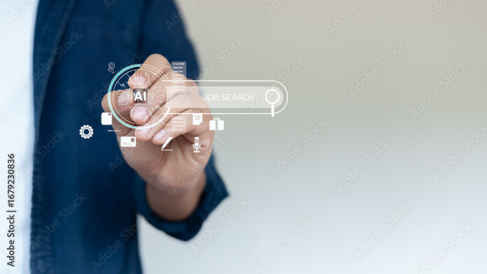 Poster hand touching a digital hologram with an ai and job search bar. concept of artificial intelligence i