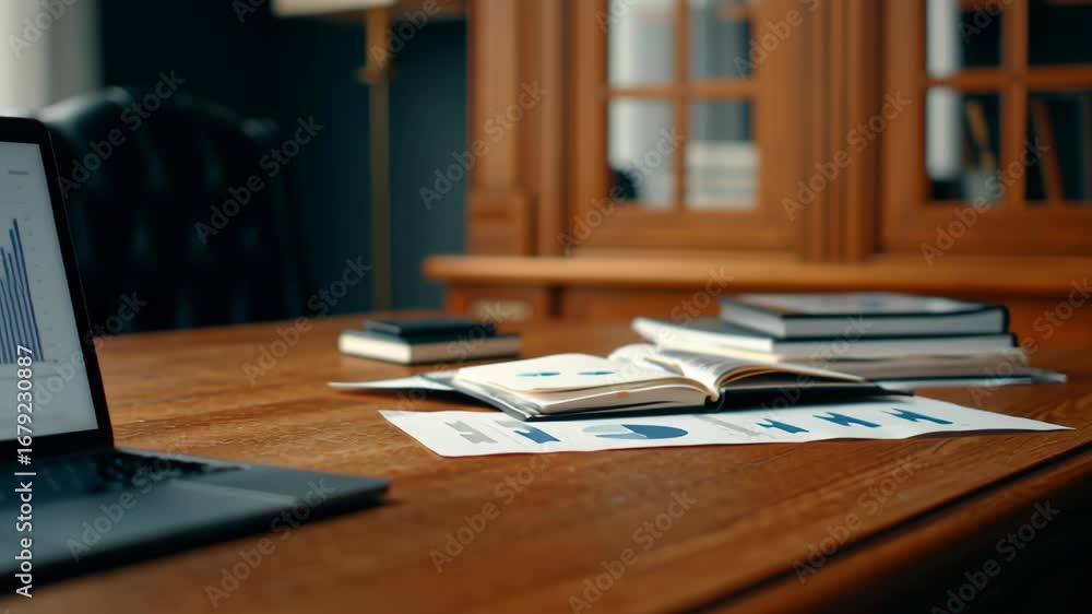 Aufkleber analyzing financial data trends with laptop displaying stock market graph and documents on table