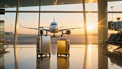 Two Suitcases Against a Sunrise Backdrop in an Airport 3d image of luggage