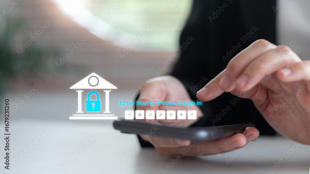 Aufkleber hand using a smartphone with otp code verification and a bank icon hologram. concept of mobile banki
