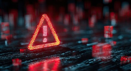 Digital Error Warning Triangle on a Futuristic Technology Surface.