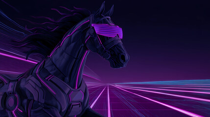 Cyber horse with sleek futuristic VR glasses