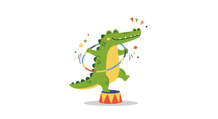 Obraz premium Circus crocodile performing hula hoop tricks for children's party invitations and entertainment branding