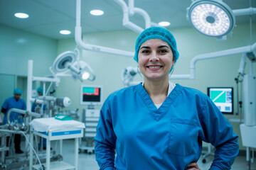 Portrait of young adult Caucasian woman smiling and standing in modern operating room wearing surgical scrubs with medical equipment and surgical lights in background