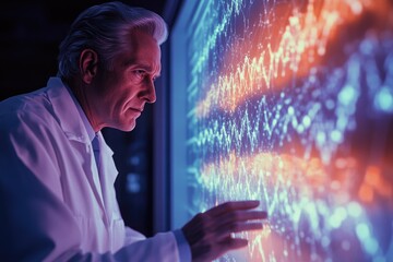 A scientist intently examines complex data visualizations projected on a large screen, possibly analyzing scientific research or medical data.