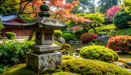 A serene Japanese garden, filled with vibrant autumnal colors, showcases a traditional stone lantern and lush greenery.