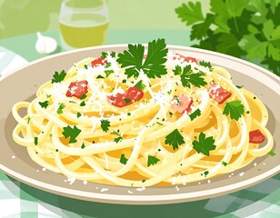 Creamy pasta dish with parsley and bacon