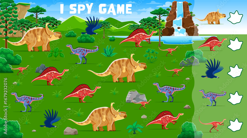 Aufkleber i spy game with prehistoric dinosaurs. kids calculation puzzle, object finding or counting game vect
