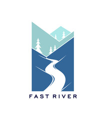 Fast river water road path and mountains icon. Travel agency hiking tour or nature park vector emblem. Company icon or brand symbol with mountain peaks, river or road in valley, spruce trees on hills