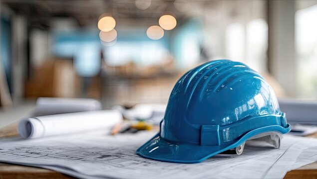 Construction helmet on blueprints