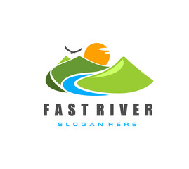 Fast river, road path in high mountains icon. Travel agency company vector sign, brand icon. Nature or hiking park emblem, symbol with eagle flying above mountain peaks, river in valley and sun