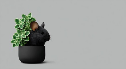 Small black mouse nestled in a black pot, surrounded by green succulents