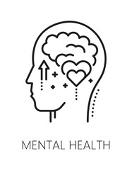Mental health, psychology line icon or pictogram. Psychology problem line vector pictogram, cognitive disorder lineart icon. Psychotherapy sign or mental health symbol with head silhouette and brain