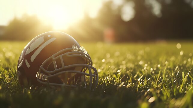 A rugby helmet and ball resting near the touchline, natural field light - Powered by Adobe