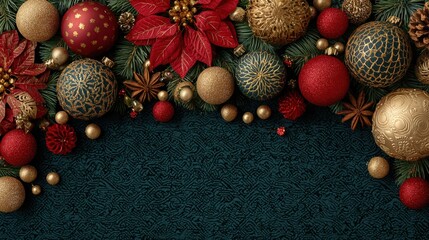 Dark green Christmas background with Christmas decorations, red and gold hanging ornaments on the left, poinsettia flowers, pine branches, golden balls, invitation card