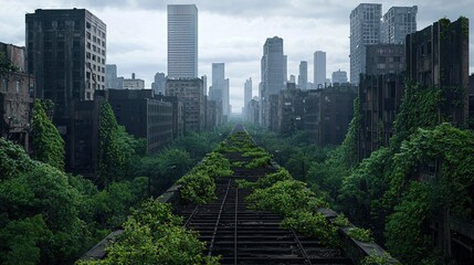 A post-apocalyptic cityscape overrun by greenery, showcasing abandoned skyscrapers and railway tracks, blending urban decay with nature's resurgence.