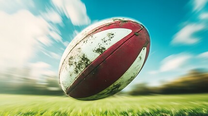 Close-up of rugby ball spinning in air, motion blur, field background