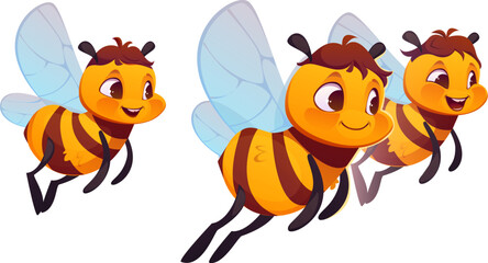 Cartoon honey bee characters family. Vector cheerful bees fly in formation with bright yellow bodies, blue wings, and friendly expressions, symbolizing teamwork, nature and pollinators in the garden