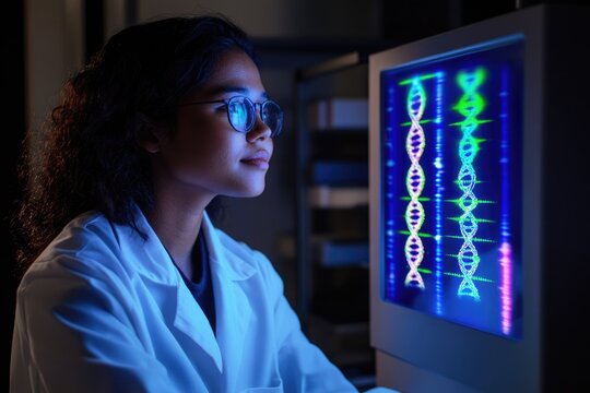 A female scientist intently studies DNA sequences displayed on a computer monitor in a dimly lit laboratory setting.