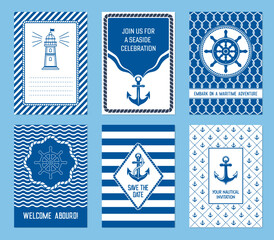 Marine nautical invite cards at vector background with sea ship anchors, boat wheels and lighthouse in rope frames. Wedding party nautical invite, save date banner or marine cruise flyer templates