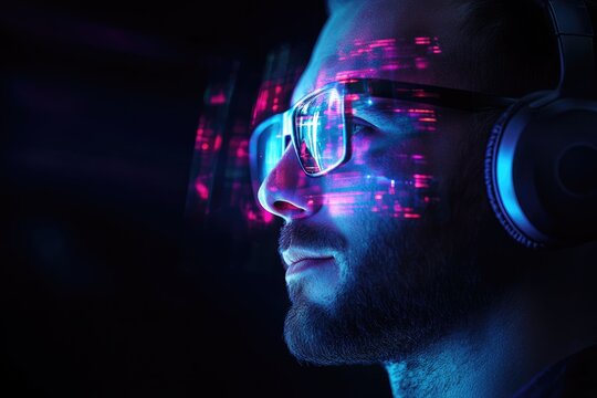 A bearded man wearing glasses and headphones, illuminated by vibrant neon blue and pink digital data streams.