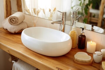 A white oval sink on a wooden counter, surrounded by towels, a candle, and amber bottles, with a mirror and plants. Great for spa promotions, home decor blogs, or natural skincare ads.