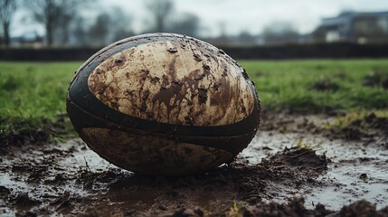 Muddy rugby ball resting post-match on ground, grungy sports mood