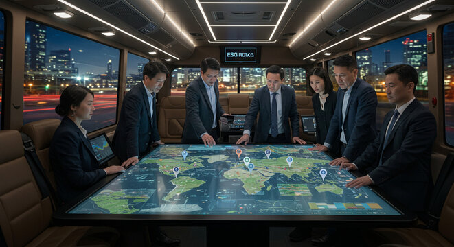 Diverse team of professionals in a modern command center bus collaborating around a holographic world map display