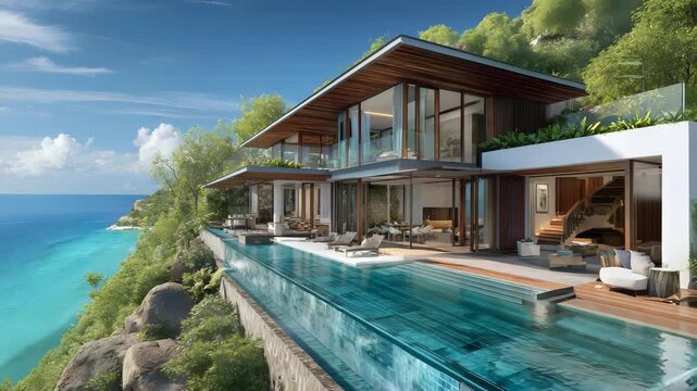 Ocean-facing villa with split-level design, open rooms and pool aligned with horizon line, aerial perspective for design idea