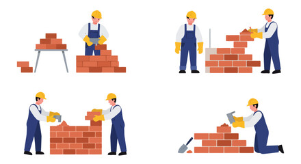 Construction Worker Building Brick Wall in Various Poses with Tools and Materials