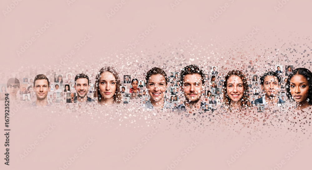 Poster diverse group of people s faces digitally dissolving into a stream of abstract numbers and data on a