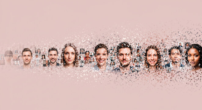 Diverse group of people s faces digitally dissolving into a stream of abstract numbers and data on a soft pink background