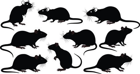 Silhouette rats, black rodents, mouse illustration, pest animals, wildlife vector, rat collection, vermin clipart, dark rodents, cartoon rats, animal set
